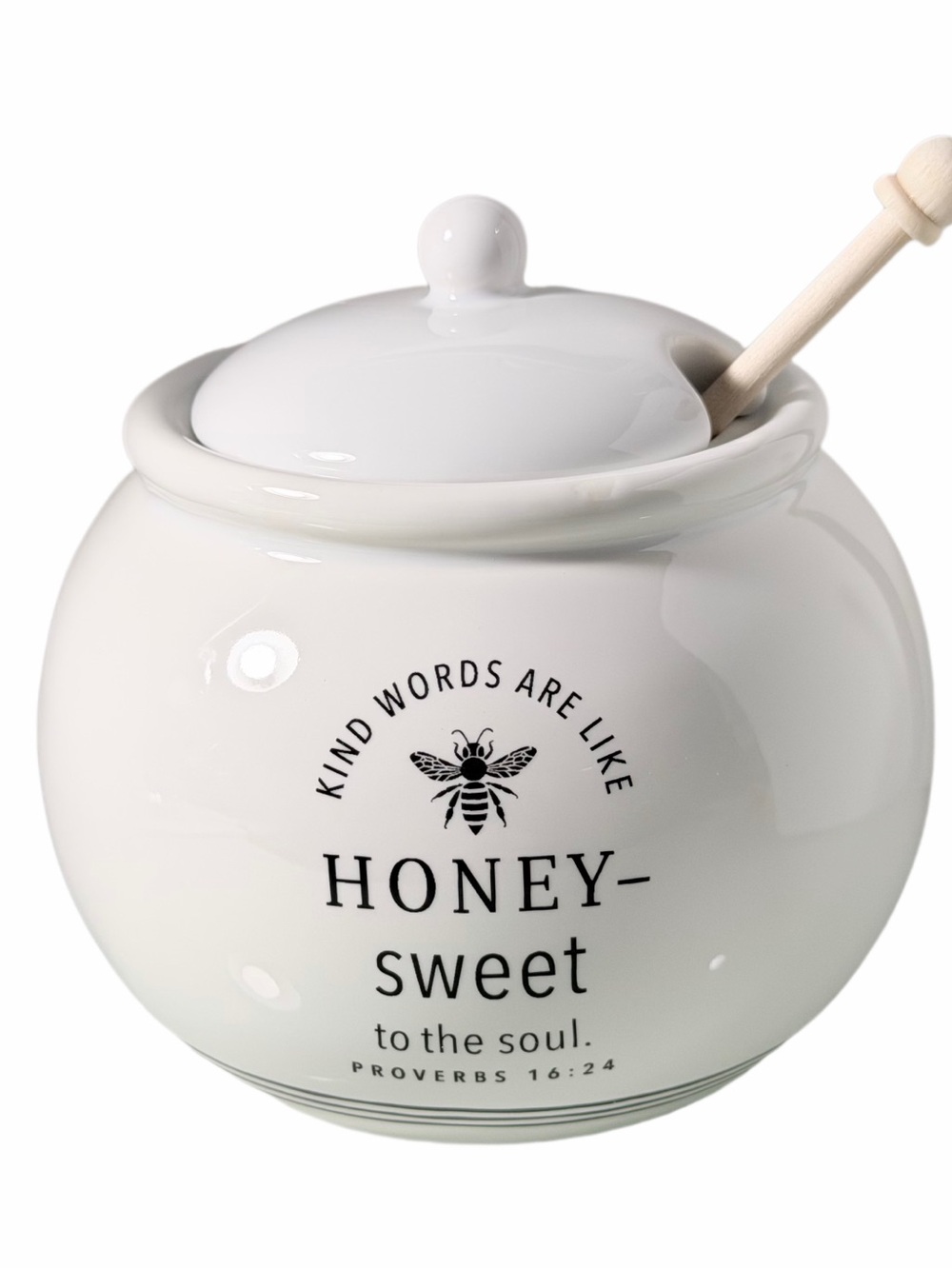 White Honey Jar with Dipper - Decorative Ceramic Honey Pot